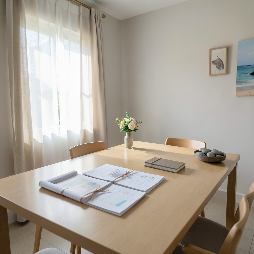Flow Latticehub meeting table with printed clinic charts and soft daylight