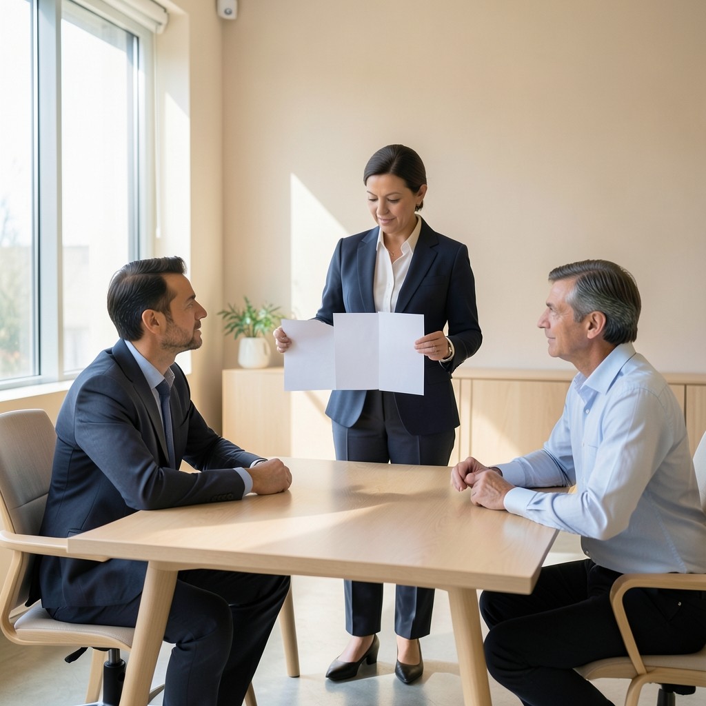 Administrator presenting three simple chart sheets to clinic owners in a bright meeting room