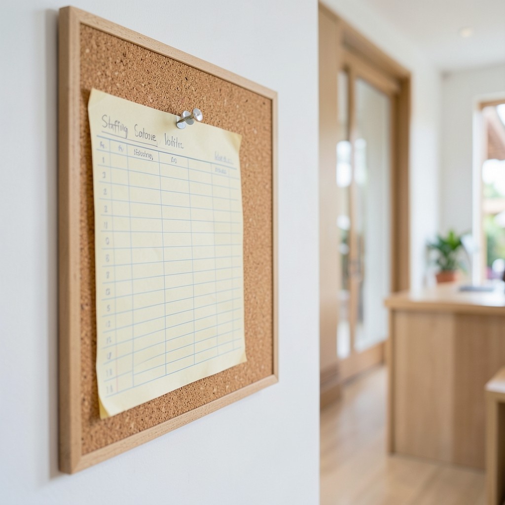 Hand-marked staffing cover chart pinned beside a clinic reception window