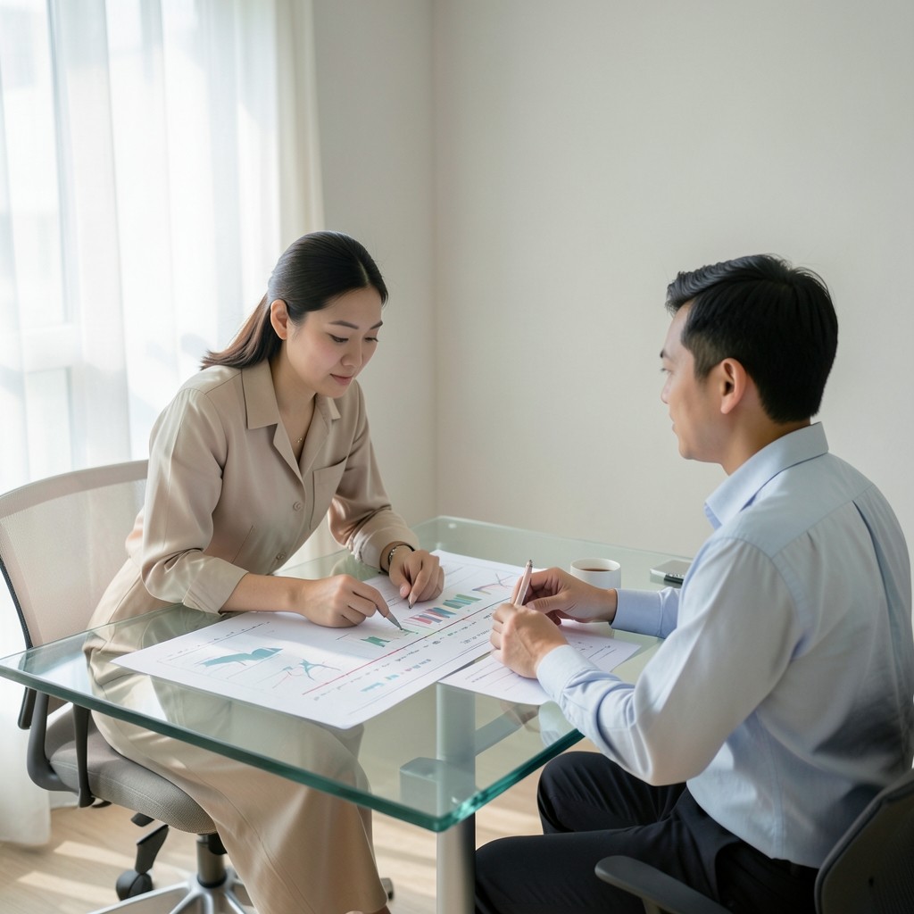 Analyst and clinic administrator reviewing engagement timeline notes beside printed charts