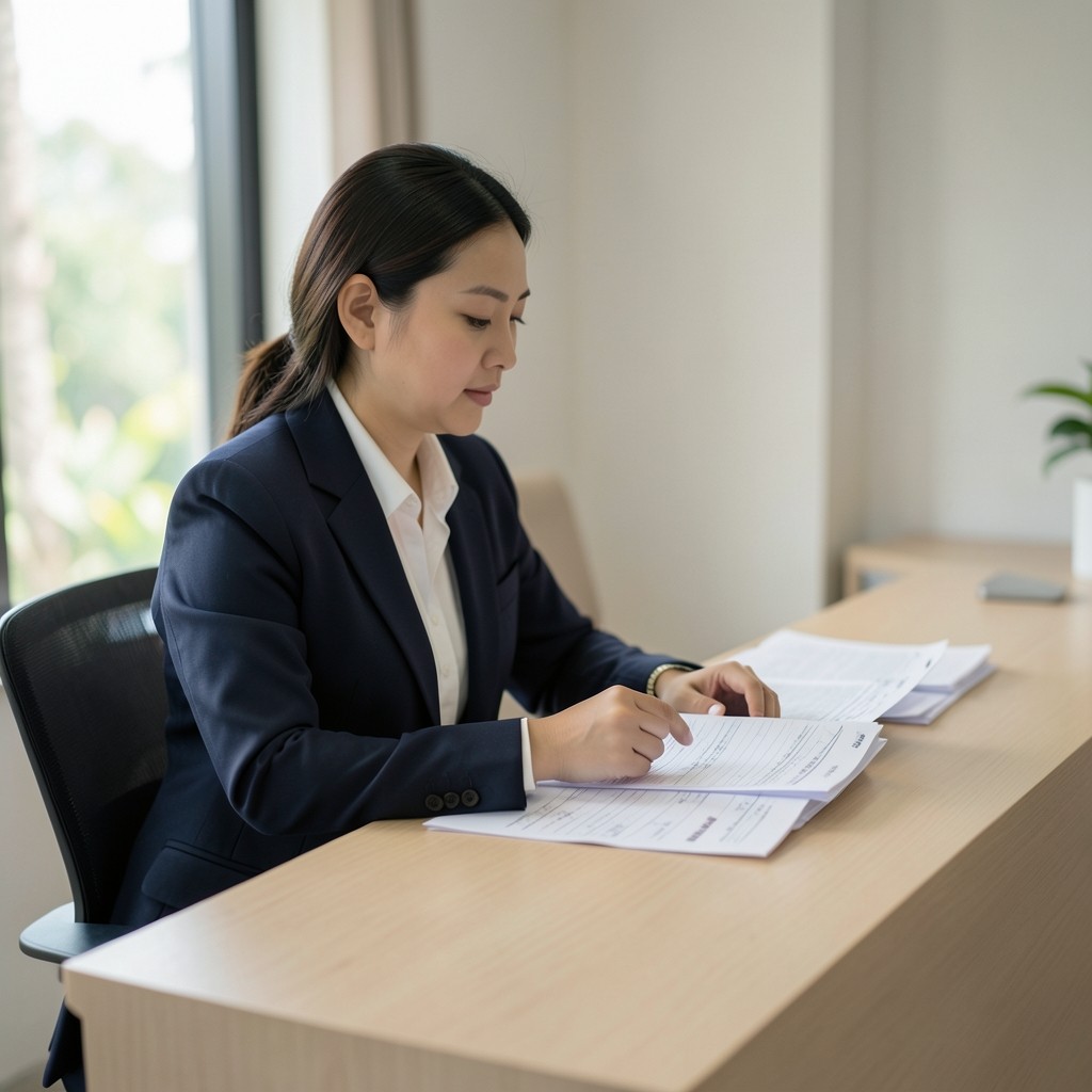 Clinic administrator comparing printed throughput charts near a reception desk