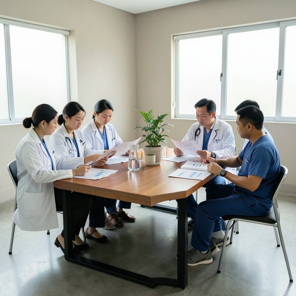 Small group of clinic staff studying printed charts during a briefing session