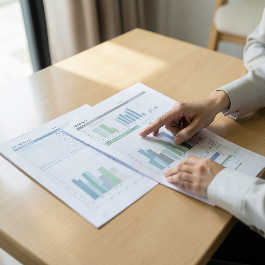 Clinic administrator reviewing printed operations charts at a quiet meeting table